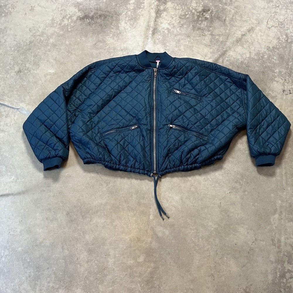 Free People Quilted Puffer Jacket Womens Size Small Teal Blue‎ Drawstring